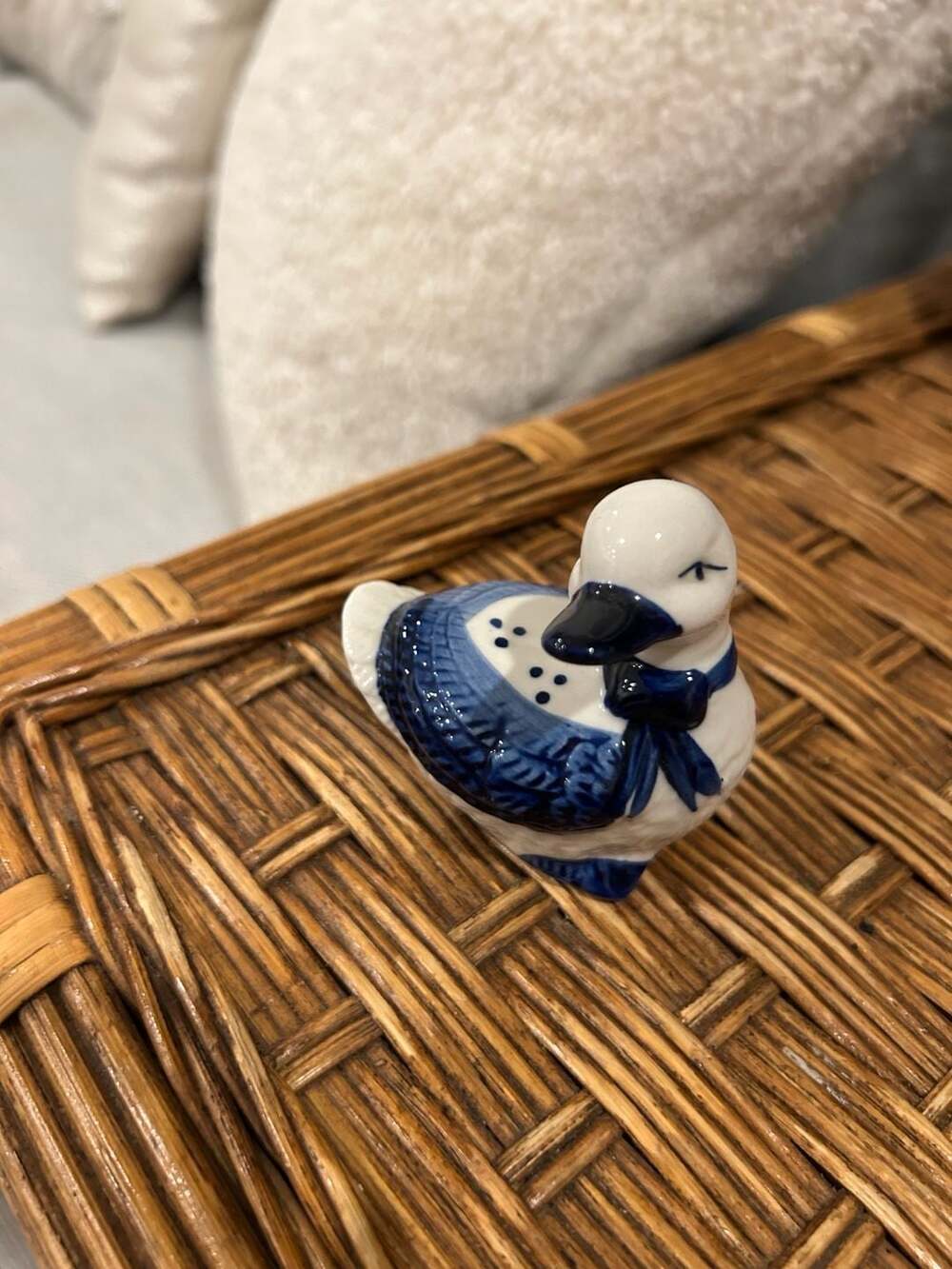 Vintage Ceramic Blue and White Duck Figurine with Bow